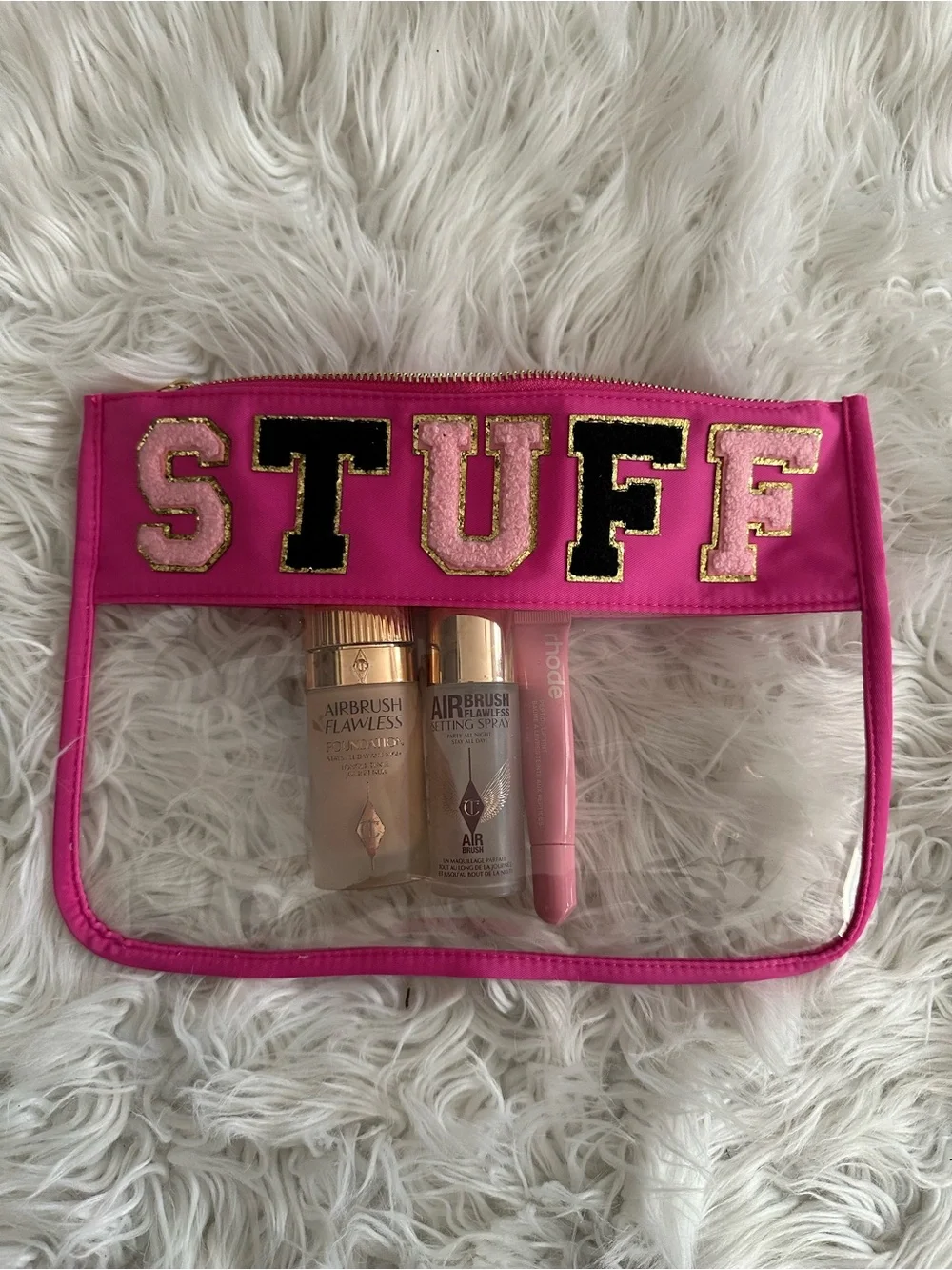 GLAM Clear Makeup Pouch with Chenille Patch Lettering - read description